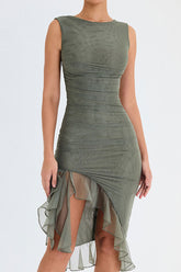 Asymmetrisches Ärmelloses Mesh Rüschen Gerafftes Bodycon Party Midikleid - Grün